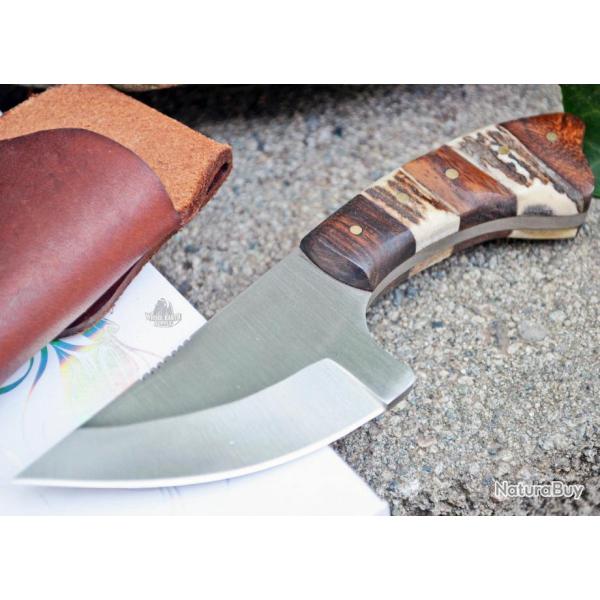 Couteau Skinner Acier Carbone/Inox Manche Bois & Bois de Cerf Etui Cuir SS7014