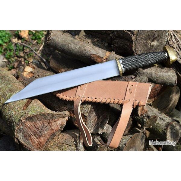 Couteau De Viking Seax Lame Acier Inox Manche Chainette Etui Cuir PA3340