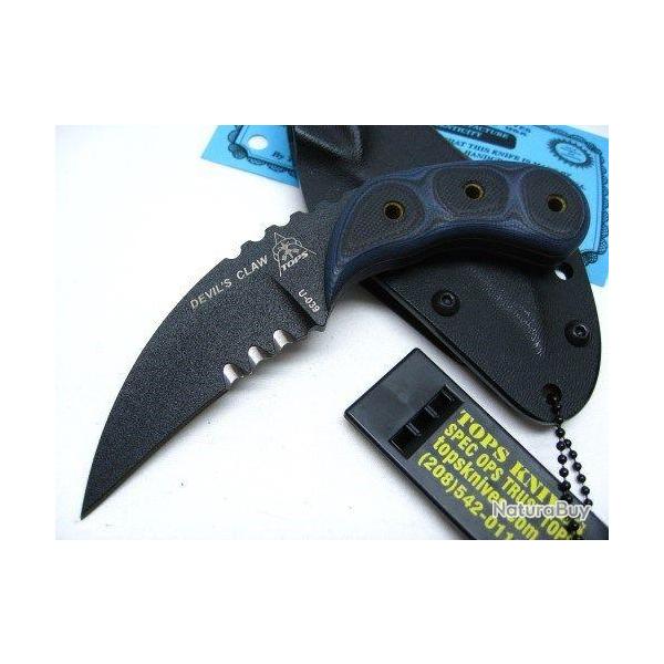 Couteau Tops Devil's Claw Lame Acier Carbon 1095 Manche G-10 Etui Kydex Made USA TPDEVCL01