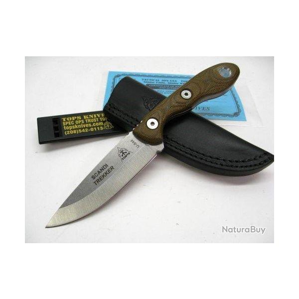 Couteau TOPS Scandi Trekker 3.5 Lame Acier Carbone 1095 Manche Micarta Etui Cuir Made USA TPSTREK35