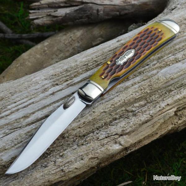 Couteau Rough Rider Brown Jigged Bone Trapperlock Lame Acier 440 Manche Os RR1129