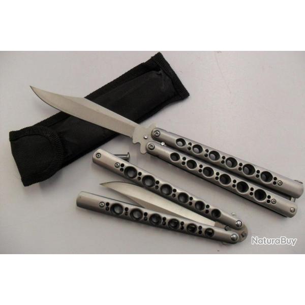 Couteau Papillon Balisong Design 24,5 Cm Lame Acier Inoxydable Manche En Acier Inoxydable Etui
