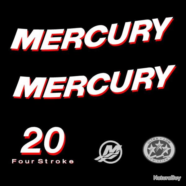 1 kit stickers MERCURY 20cv serie 1 pour capot moteur hors bord bateau autocollants decals