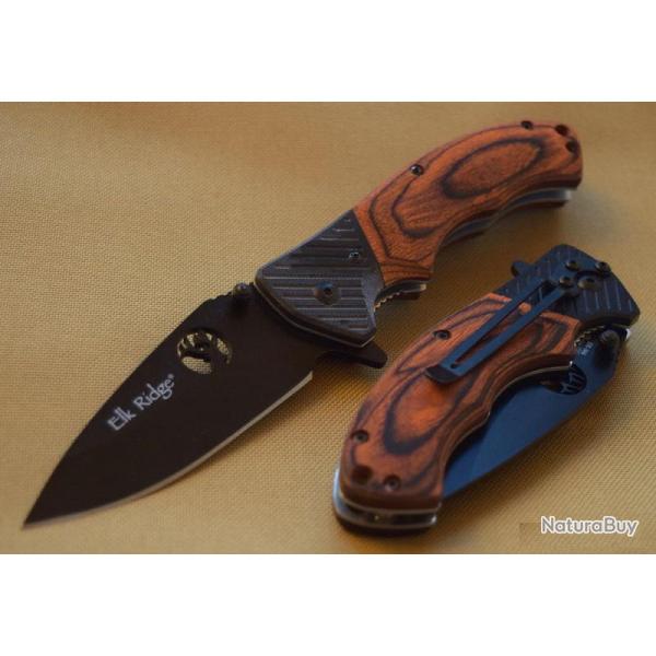 Couteau Elk Ridge Brown Wood Lame Acier Carbone/Inox Manche Bois/G-10 Linerlock ER566BPW