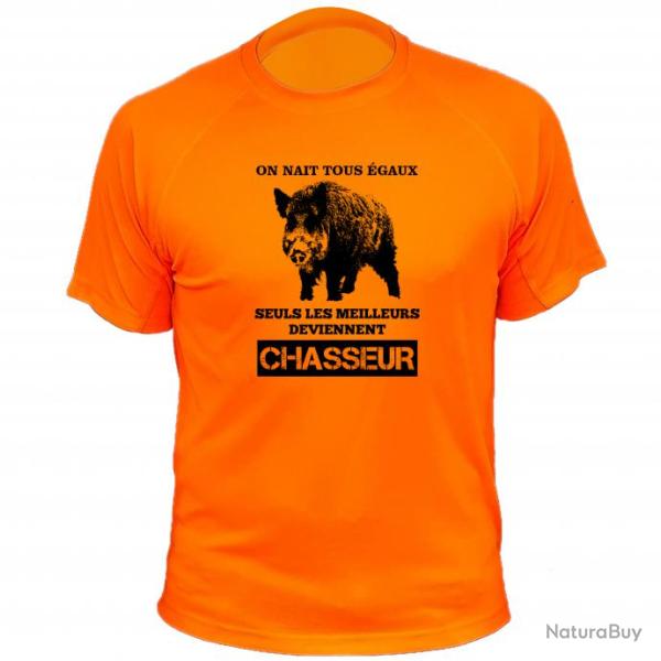 Tee-shirt chasse respirant orange "On na�t tous �gaux, les meilleurs deviennent chasseur" Sanglier