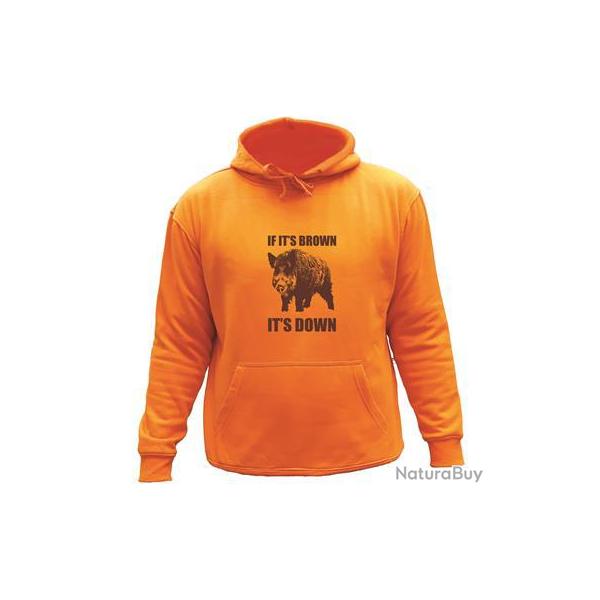 Sweat de chasse avec capuche Orange -if it's brown it's down - sanglier