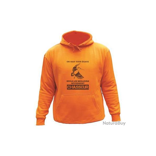 Sweat de chasse avec capuche Orange -on nait tous �gaux- b�casse