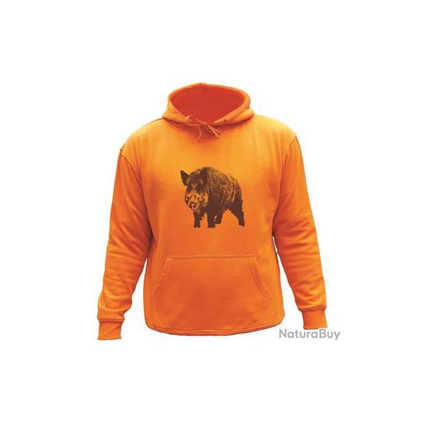 Sweat de chasse avec capuche Orange -sanglier r�aliste-