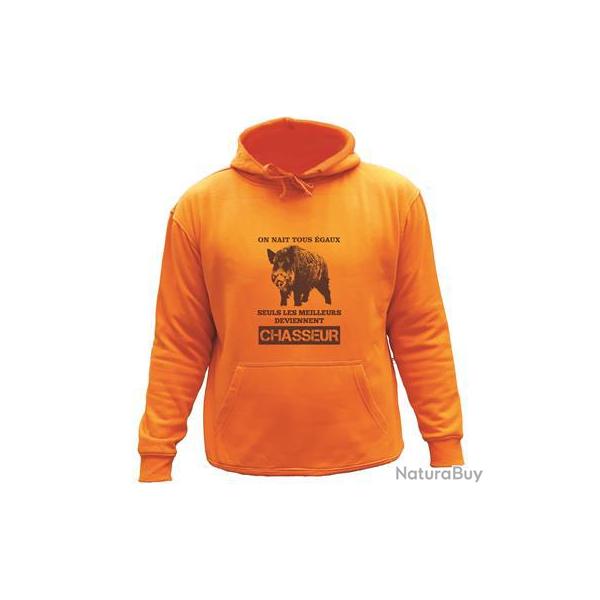 Sweat de chasse avec capuche Orange avec marquage ventre + dos