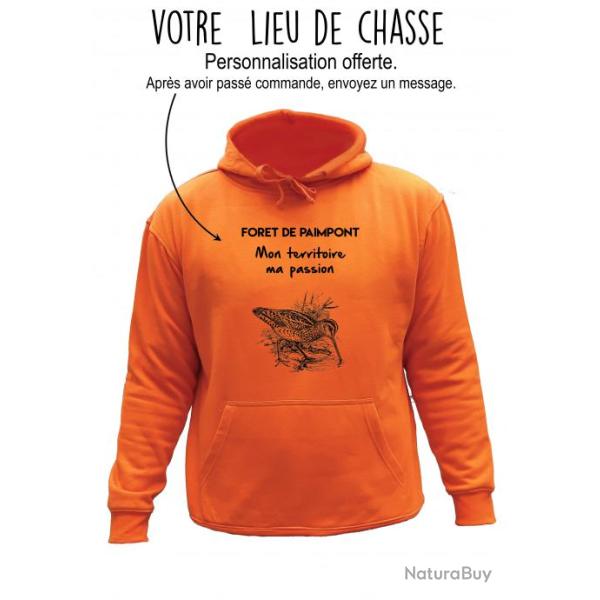 Sweat de chasse avec capuche Orange - mon territoire ma passion - personnalisation b�casse