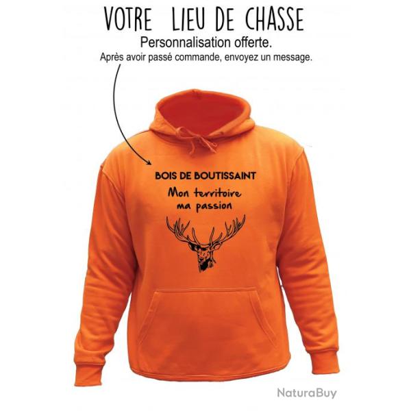 Sweat de chasse avec capuche Orange - mon territoire ma passion - personnalisation cerf