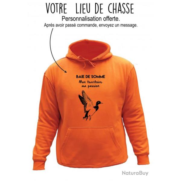 Sweat de chasse avec capuche Orange -mon territoire, ma passion- personnalisation canard