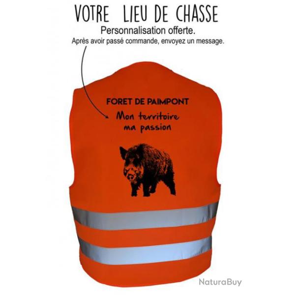 Gilet de chasse Orange -mon territoire, ma passion- personnalisation sanglier
