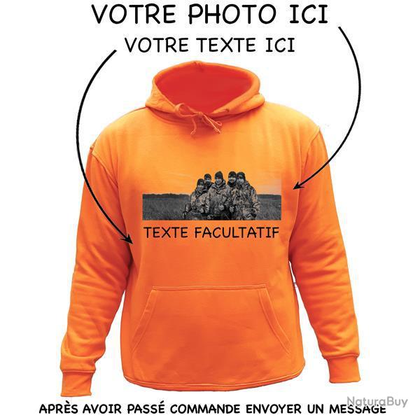 Sweat de chasse avec capuche Orange -personnalisation photo + texte- 1