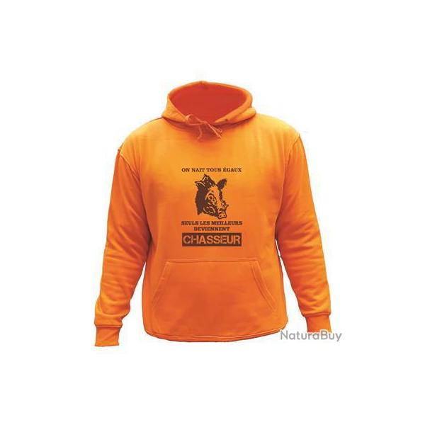 Sweat de chasse avec capuche Orange - MOTIF on nait tous �gaux- sanglier 3