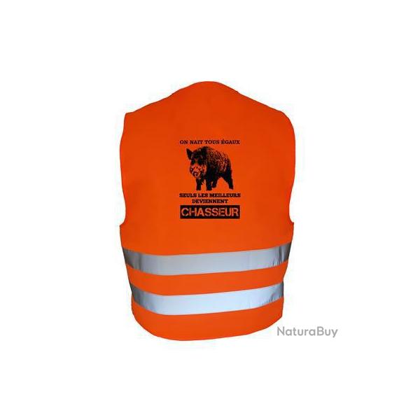 Gilet de chasse Orange - motif On nait tous �gaux, les meilleurs deviennent chasseurs - sanglier