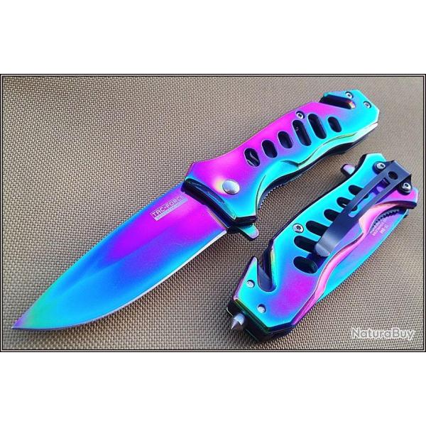 Lot de 3 Couteaux Tac Force A/O Rainbow Lame & Manche Acier Inox Finition Rainbow TF844