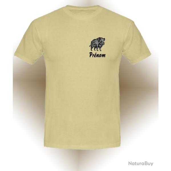 Tee shirt beige, blanc ou noir avec broderie  Sanglier + pr�nom