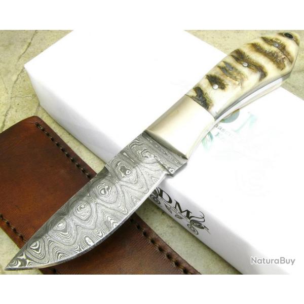 Couteau Lame Damas 176 Couches Manche Corne de Bovin Etui Cuir  DM1050Rm