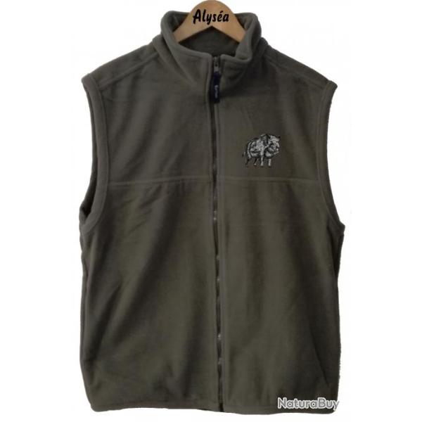 Gilet polaire kaki avec broderie Sanglier