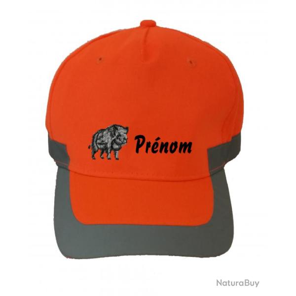 Casquette Personnalisable orange fluo avec broderie Sanglier et Pr�nom