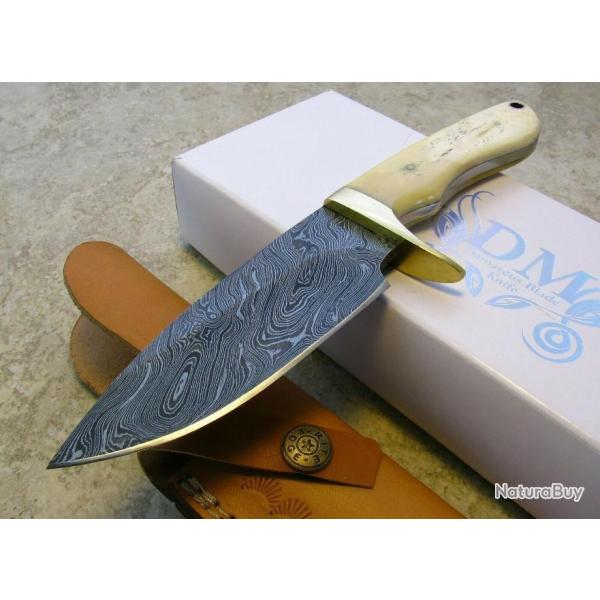 Couteau Bowie Lame Damas 256 Couches Manche Os Etui Cuir DM1089BO