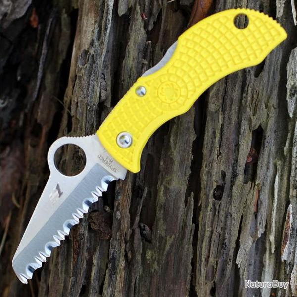 Couteau Spyderco Manbug Salt Lame Acier H1 Serrated Manche Yellow FRN Lockback Made Japan SCMYLS