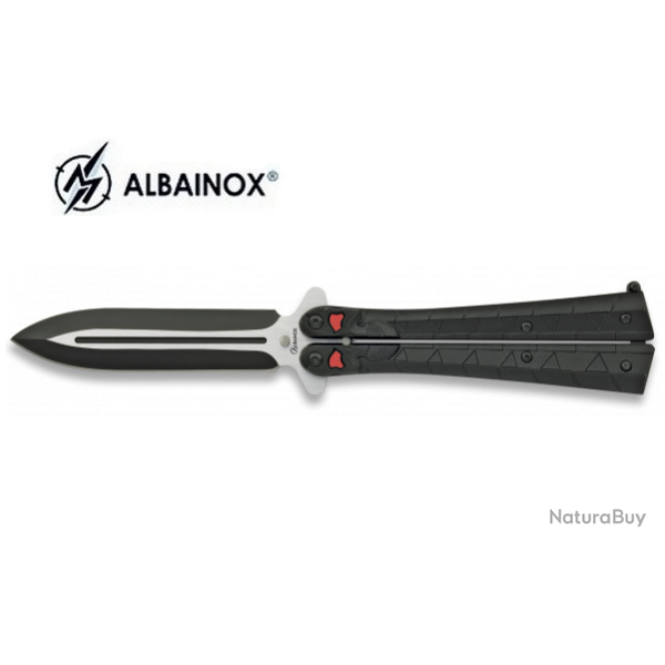 Couteau papillon manche avec d�cor t�te squelette yeux rouge  lame de 10 cm