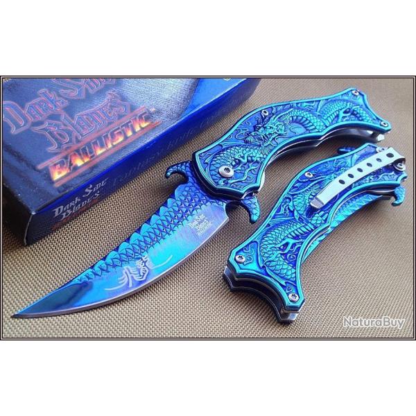 Couteau Dark Side Dragon A/O Lame Acier Inox Blue Titane Manche Acier D�cor Dragon DSA019BL