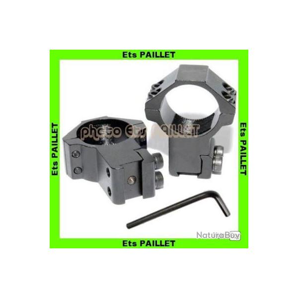 Anneaux de montage Renforc�s Diam�tre 30 mm pour Rail 11 mm HAUTS avec pointeau anti-recul