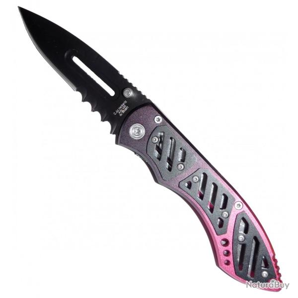 Herbertz - Couteau Pliant Alu Noir-Rose Lame Dent�e Noire Inox Clip - 240811