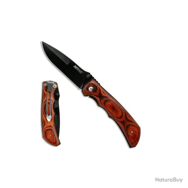 Mtech - Couteau Pliant Manche Bois Pakka Rouge Lame Noire Clip - MT-408