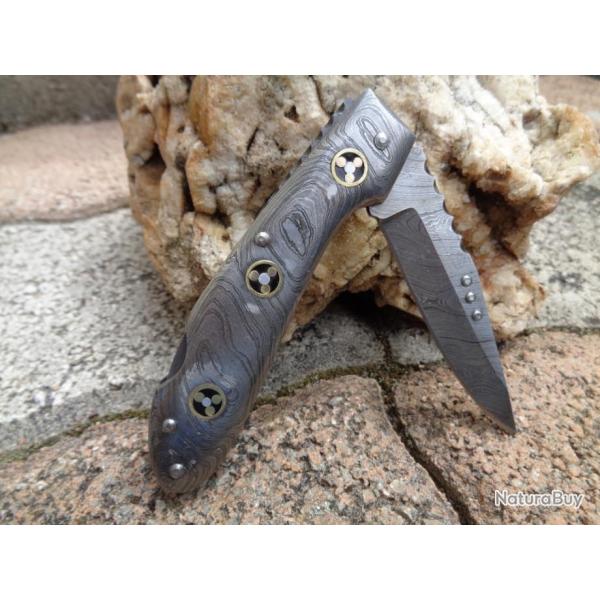Couteau Damas Manche + Lame Acier Damas 128 Couches + Mosaic Pins Lockback DM1135