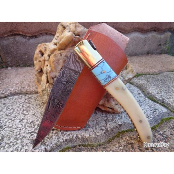 Couteau Damas Lame 128 Couches Fa�on Laguiole Manche Os & Turquoise Etui Cuir DM1156BO
