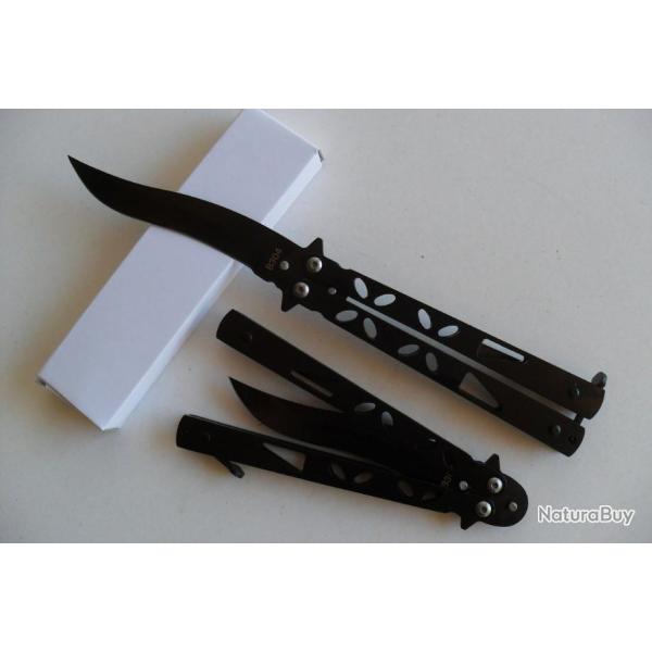 Couteau Papillon Balisong Rainures 22,5 Cm Lame Acier Inoxydable Manche En Acier Tactique