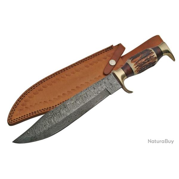 Couteau Damas Bowie Lame 256 Couches Manche Bois de Cerf Etui Cuir DM1164