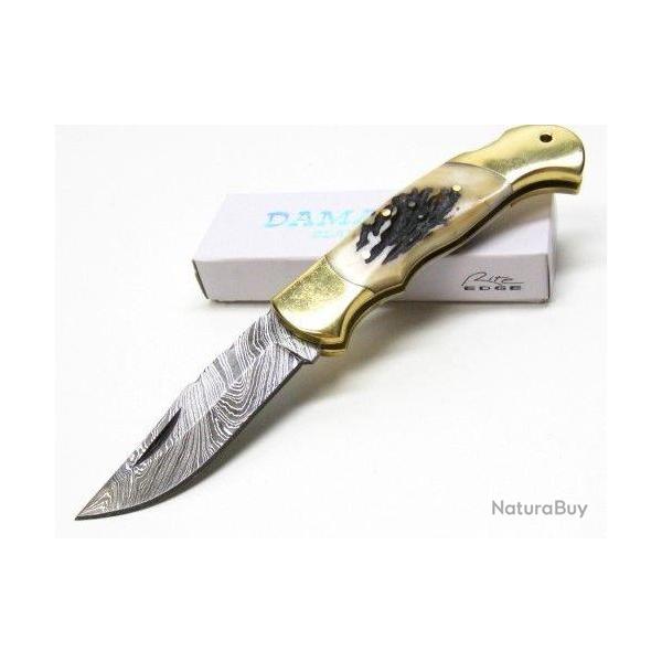 Couteau Damas Lame 128 Couches Manche Bois de Cerf Dos Guilloch� DM1162SG