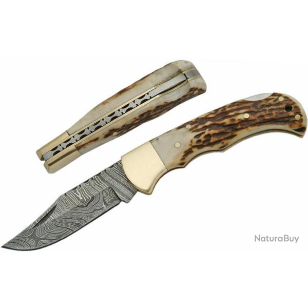 Couteau Damas Lame 128 Couches Manche Bois de Cerf Dos Guilloch� DM1161