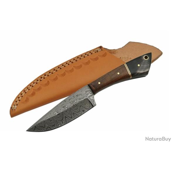 Couteau Damas Skinner Lame Acier 256 Couches Manche Walnut/Horn Etui Cuir DM1123HN
