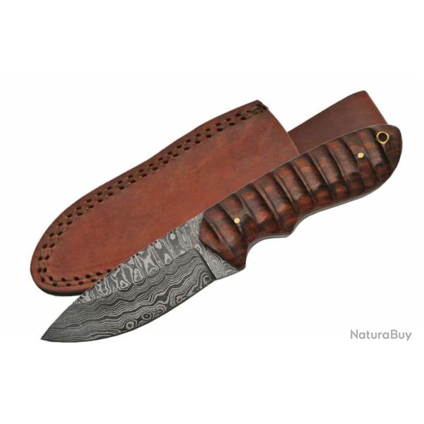 Couteau Damas Hunter Grooved Rosewood Lame Acier 256 Etui Cuir DM1141