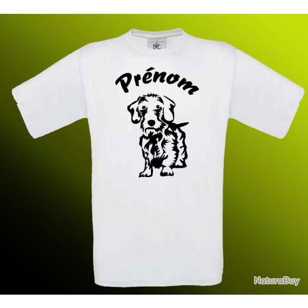 Tee-shirt Blanc, Beige ou Noir avec impression Teckel + Prnom