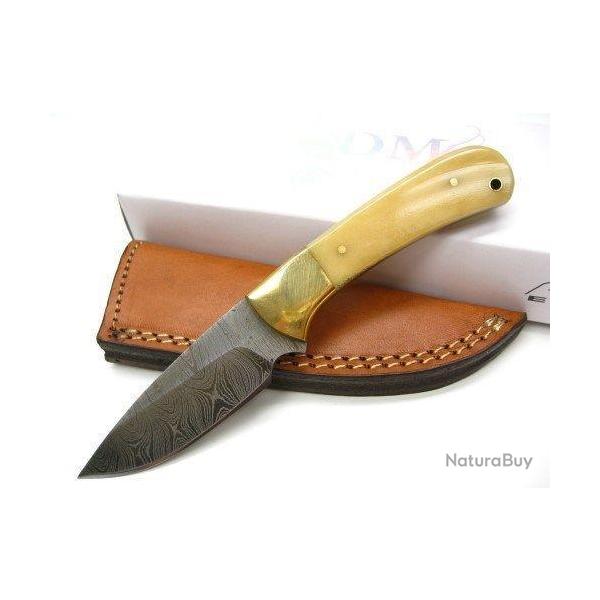 Skinner Couteau Damas Lame 256 Couches Manche Os Etui Cuir DM1129