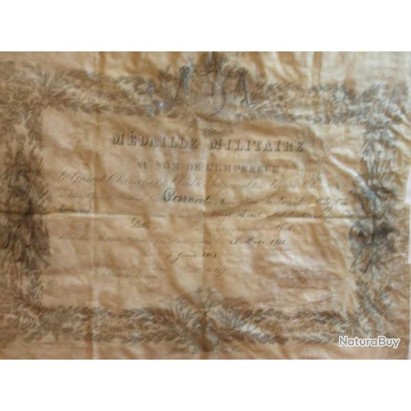 DIPLOME MEDAILLE MILITAIRE II EMPIRE A UN COLONEL DES ZOUAVES