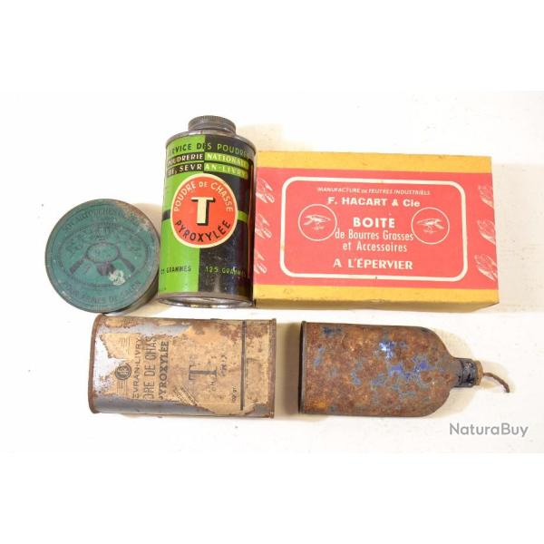 Ensemble de boites et bidons vides, chasse rechargement, d�coration cartouches anciennes