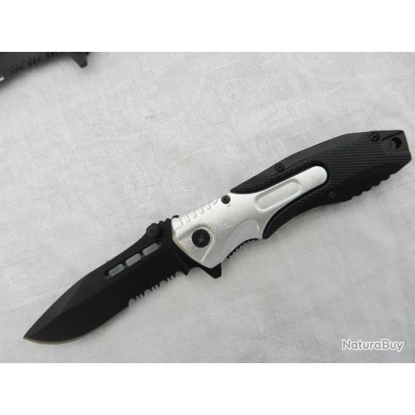 Couteau de poche  tactique combat survie chasse police pompier militaire intervention.Noir et argent