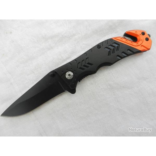 Couteau de poche  tactique combat survie chasse police pompier militaire intervention. Orange noir
