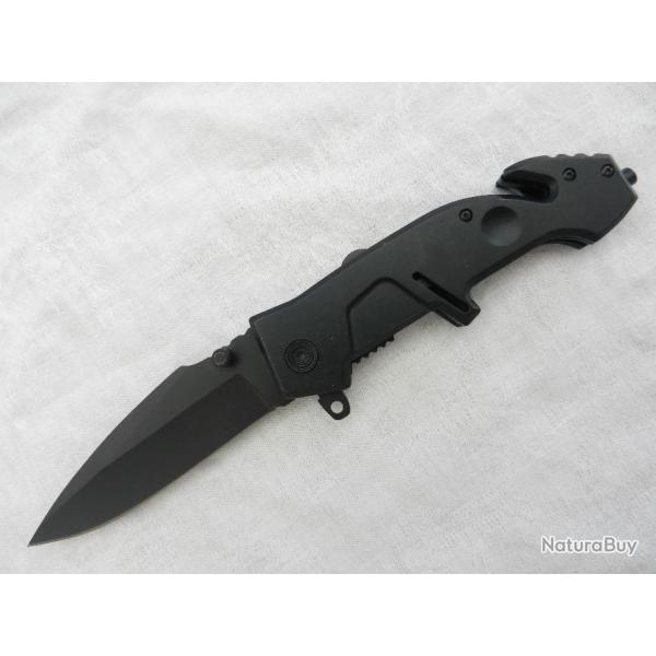 Couteau de poche  tactique combat survie chasse police pompier militaire intervention.Tout noir