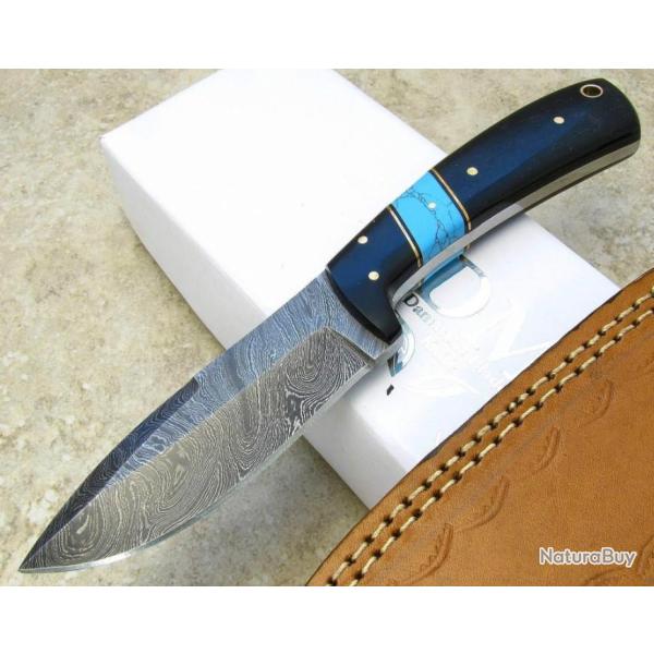 Couteau Skinner Damas 256 Couches Manche Corne & Turquoise Etui Cuir DM1147