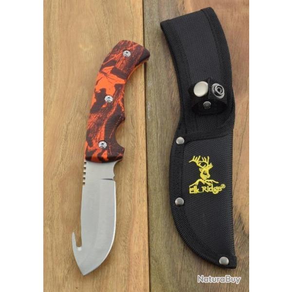 Couteau de Chasse Guthook Lame Acier 440 Manche Camo Aluminium Etui Nylon Elk Ridge ER274RC