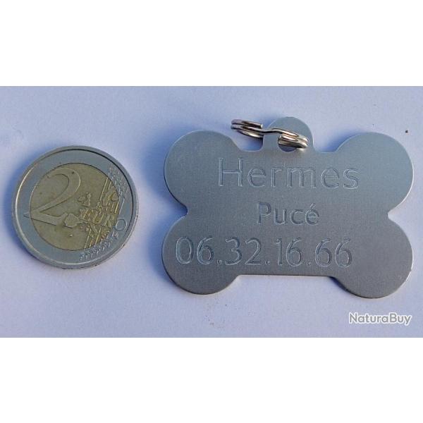 MEDAILLE Grav�e chien argent�e "os" grand mod�le gravure, personnalisation offerte